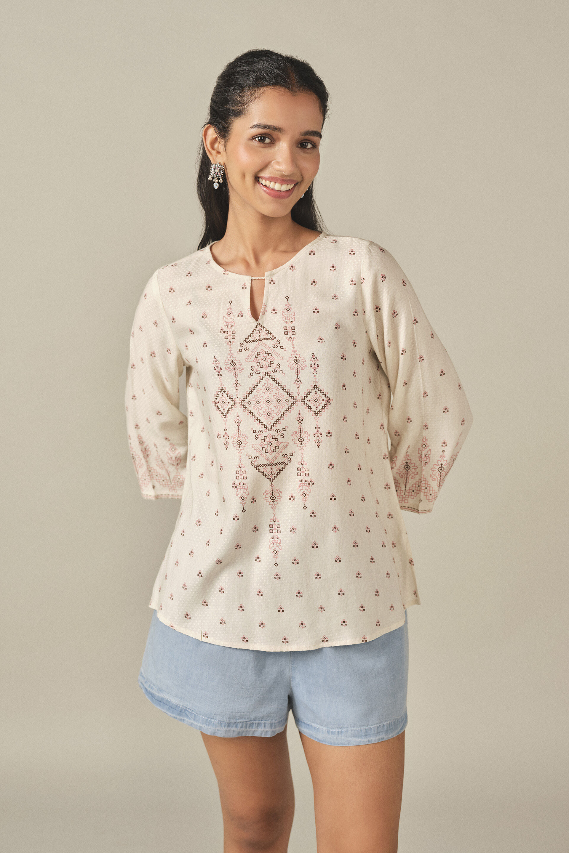 Printed Top in Off White